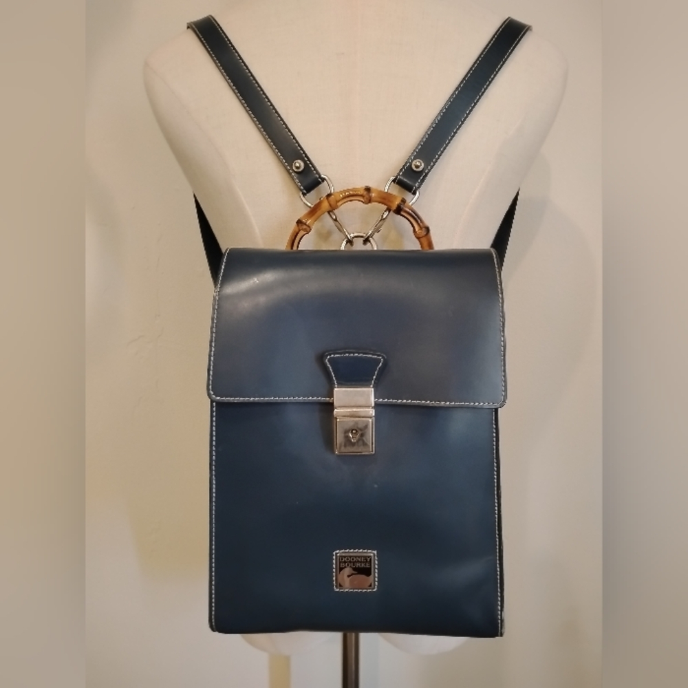 Vtg Dooney Bourke Toiny Italy Leather Backpack Bamboo Purse Wallet SET Navy Blue